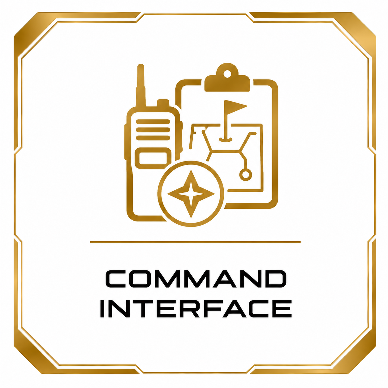 Gold-colored icon showing a walkie-talkie, a command chart with a flag, and a compass, with the text 'COMMAND INTERFACE' below.