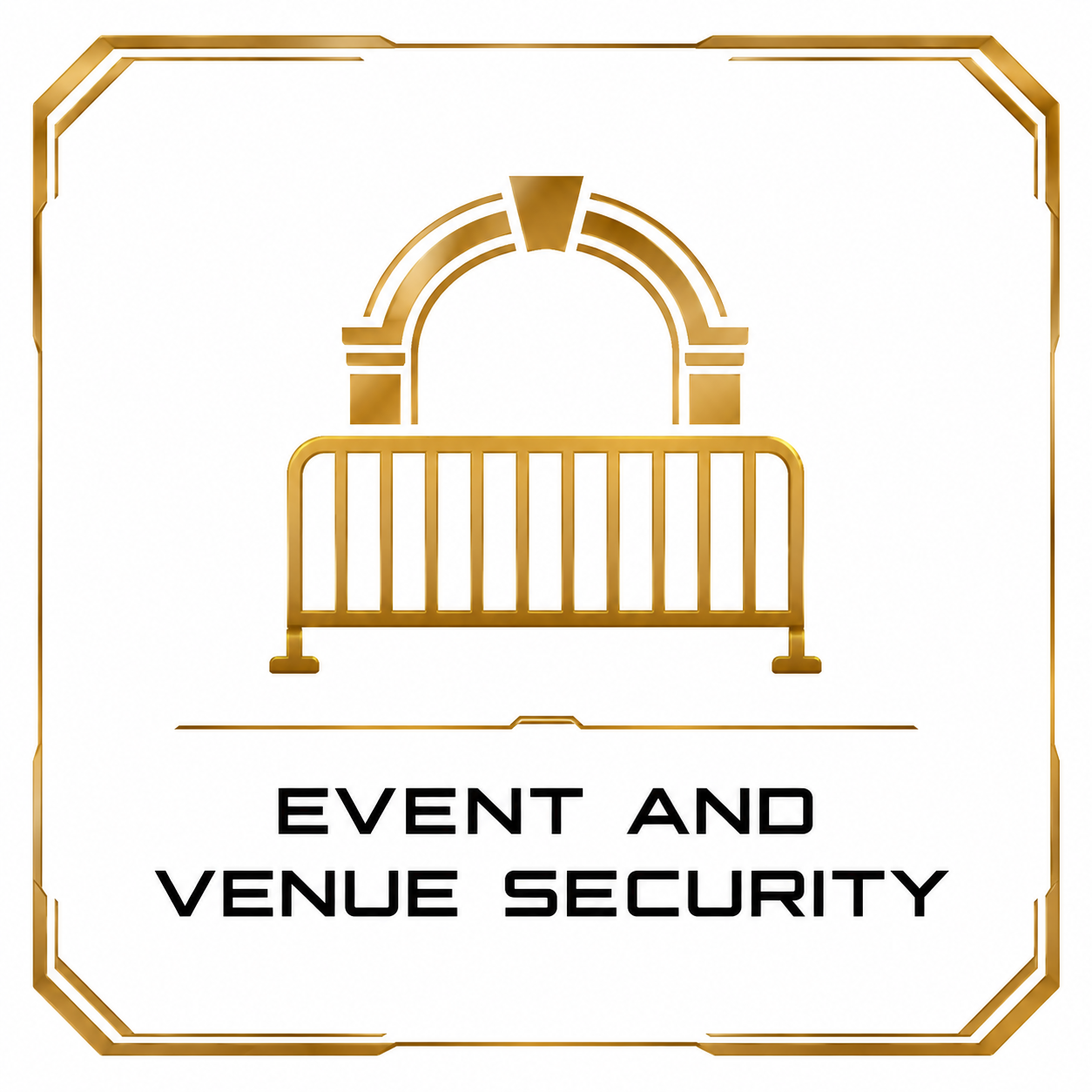 Gold icon of a barricade and an arch stating "Event and Venue Security"