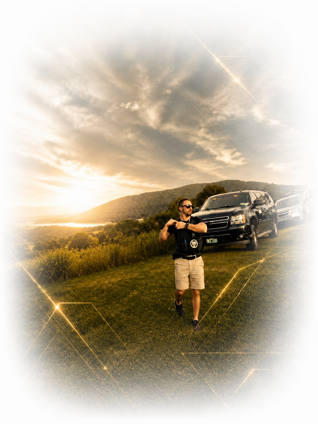A Monarch Security agent walking on grass near a parked security SUV and mountains during sunset.