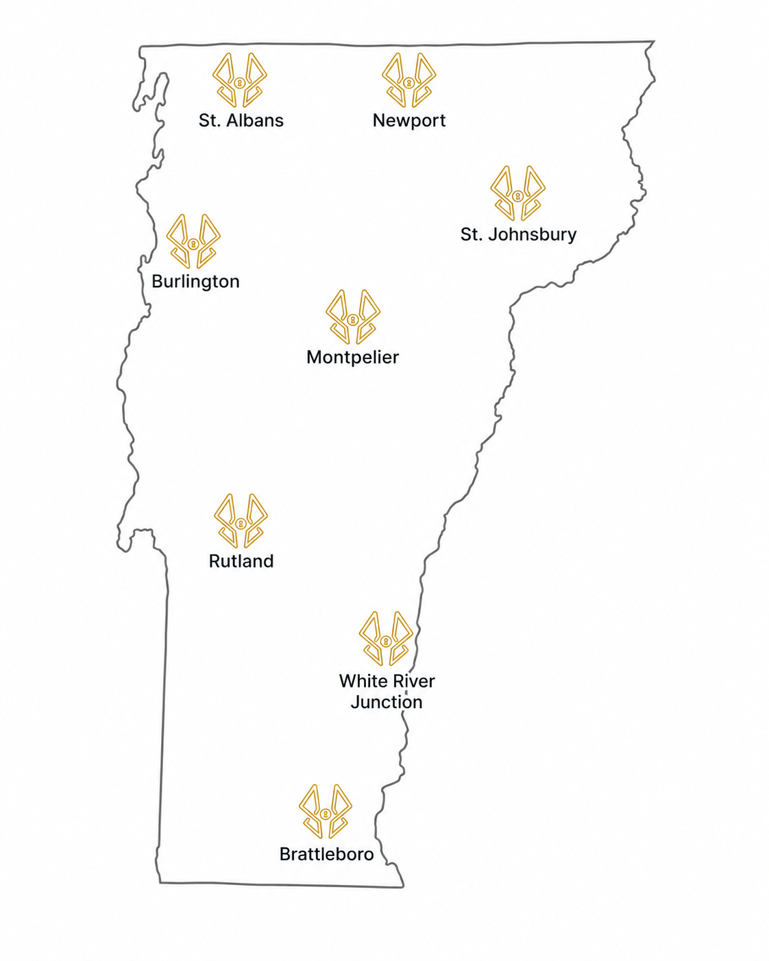 Map of Vermont with seven locations marked: St. Albans, Newport, St. Johnsbury, Burlington, Montpelier, Rutland, White River Junction, Brattleboro, each with a gold arrowhead symbol.