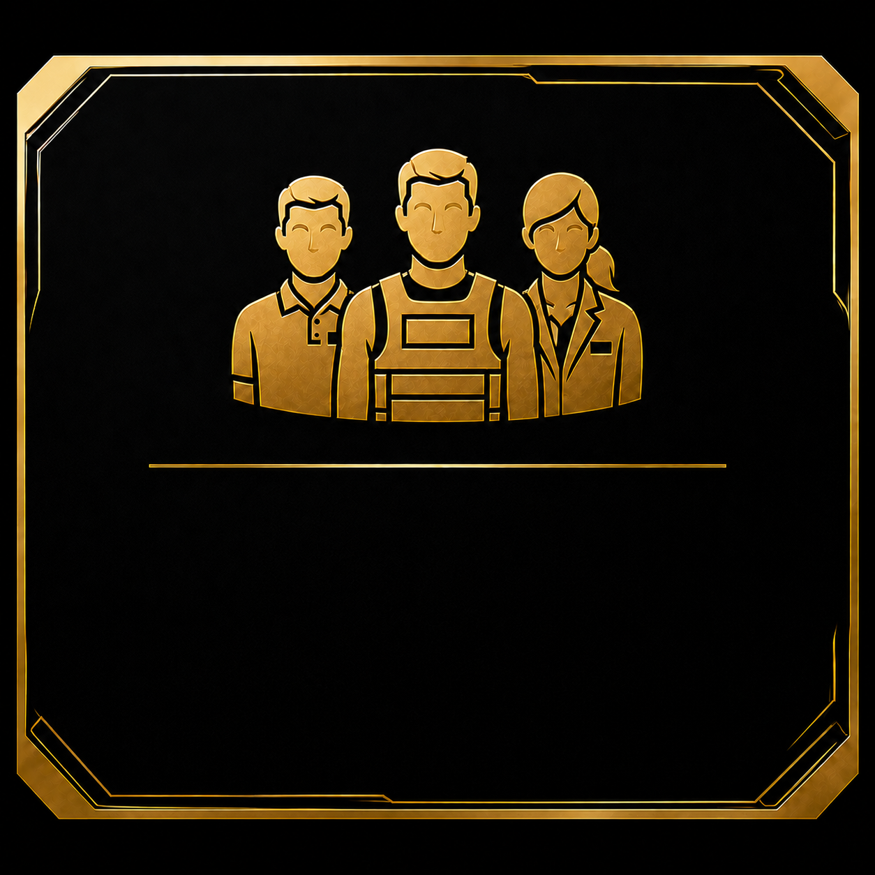 Gold icon of three diverse workers on a black background, with a decorative frame.