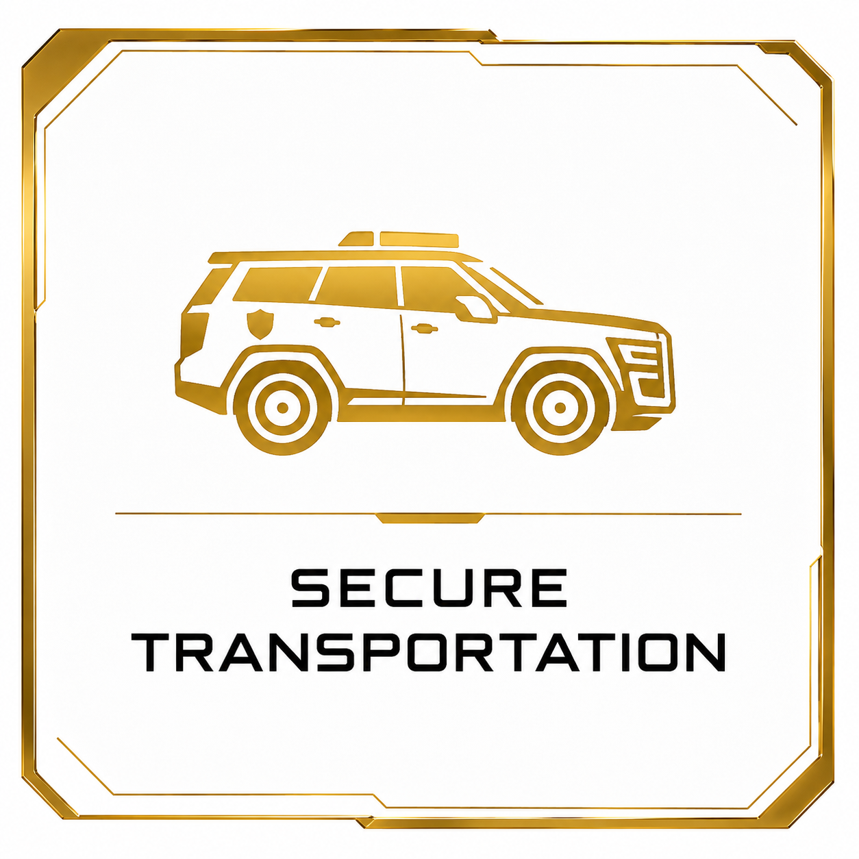 Gold outline of a police SUV with lights on top, with the text "Secure Transportation" below in black.