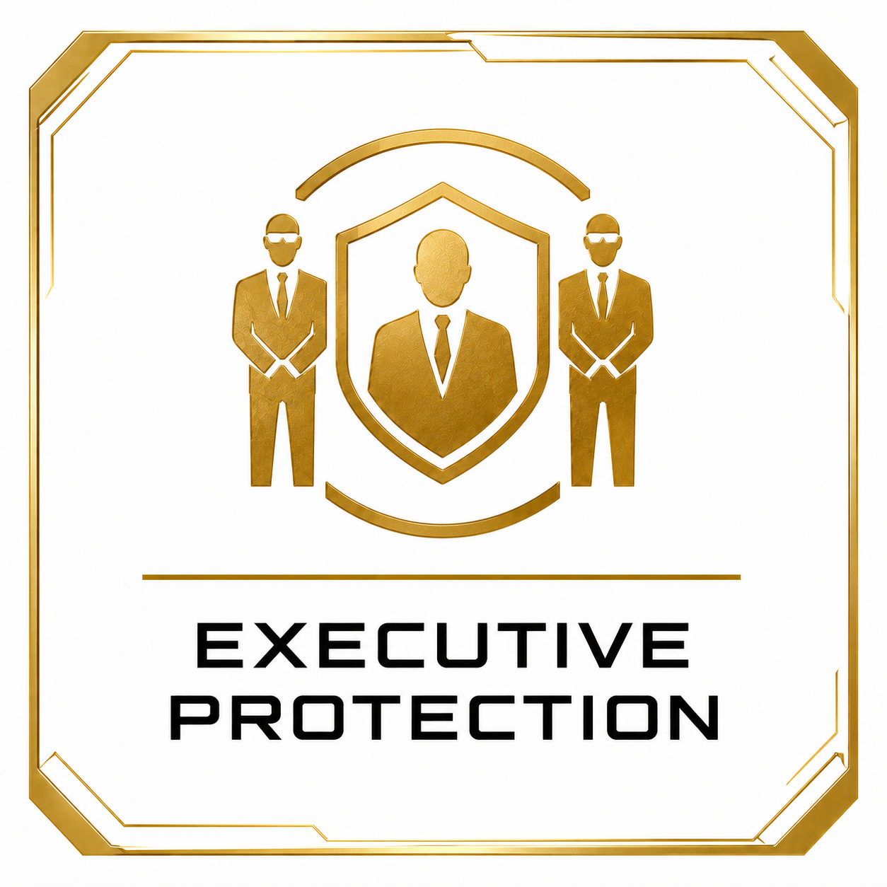Gold and white emblem with three businesspeople in suits and ties, one in the center inside a shield, two on the sides with sunglasses, and the words "Executive Protection" below.