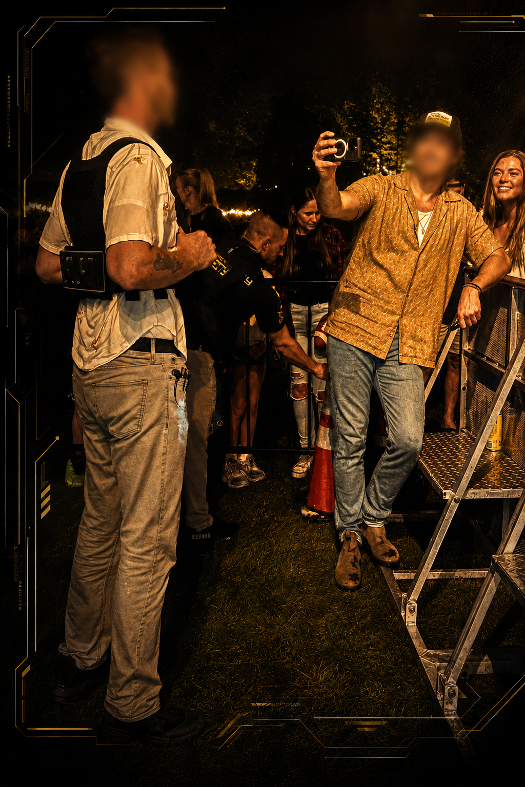 A celebrity taking a selfie with a group of people at a nighttime outdoor event. The man and others are smiling, with some wearing casual clothing. Monarch Security officers are visible providing executive protection.