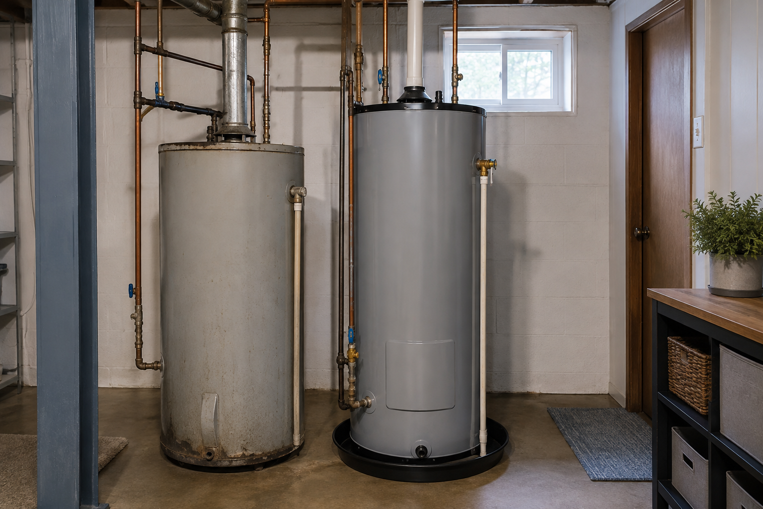 Old rusty water heater and new modern water heater in a basement.
