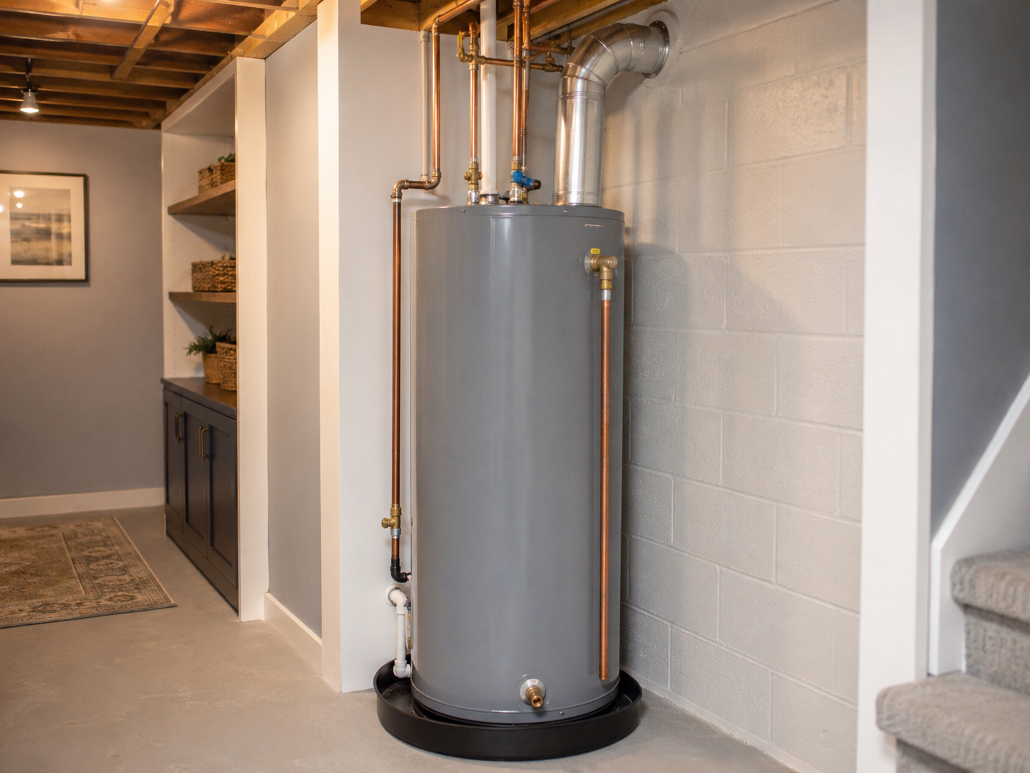 Water heater in a basement with copper pipes, ventilation duct, and a textured wall.