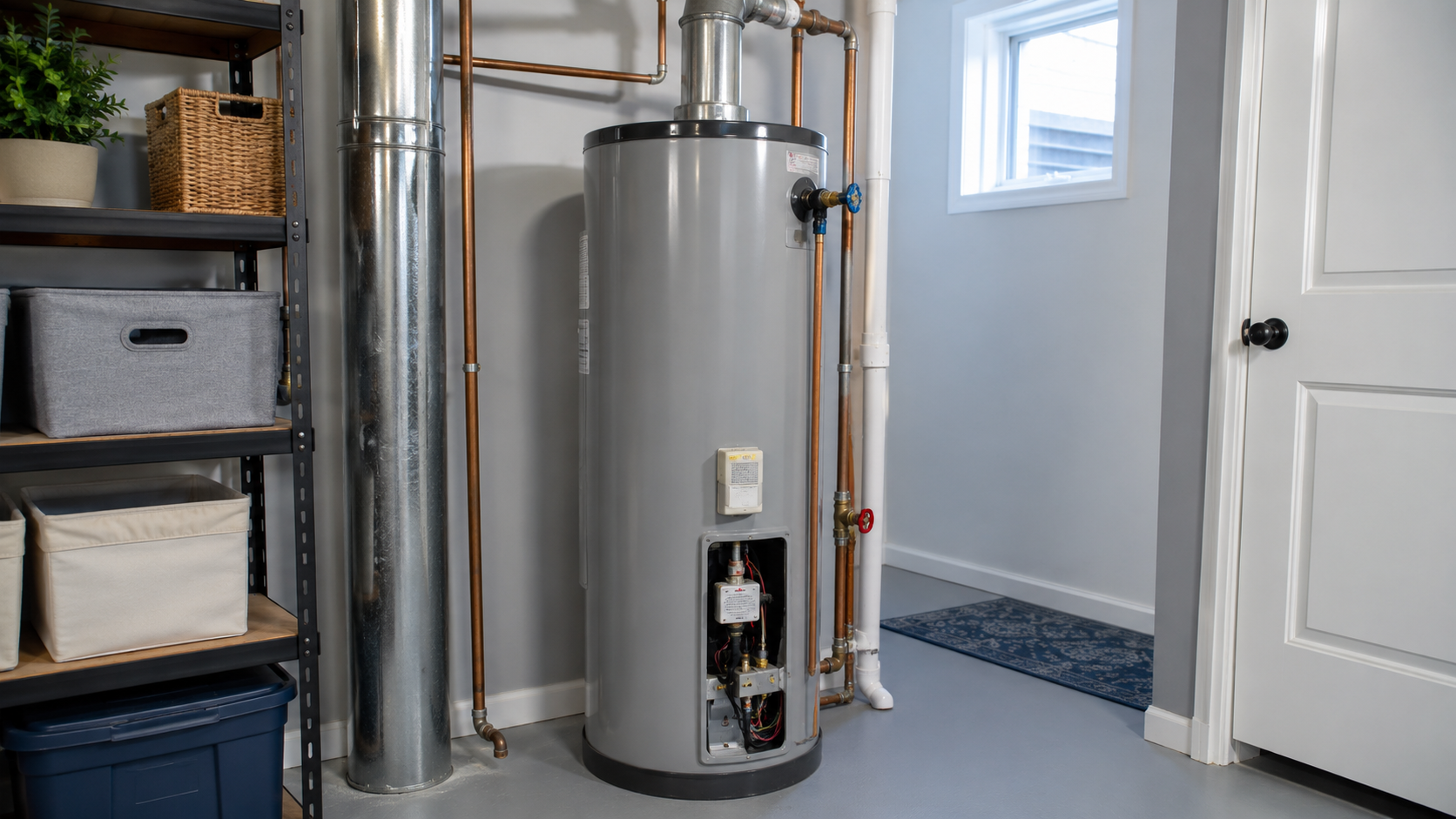 Electric water heater in a utility room with copper and plastic pipes, a window, and shelving with storage bins.