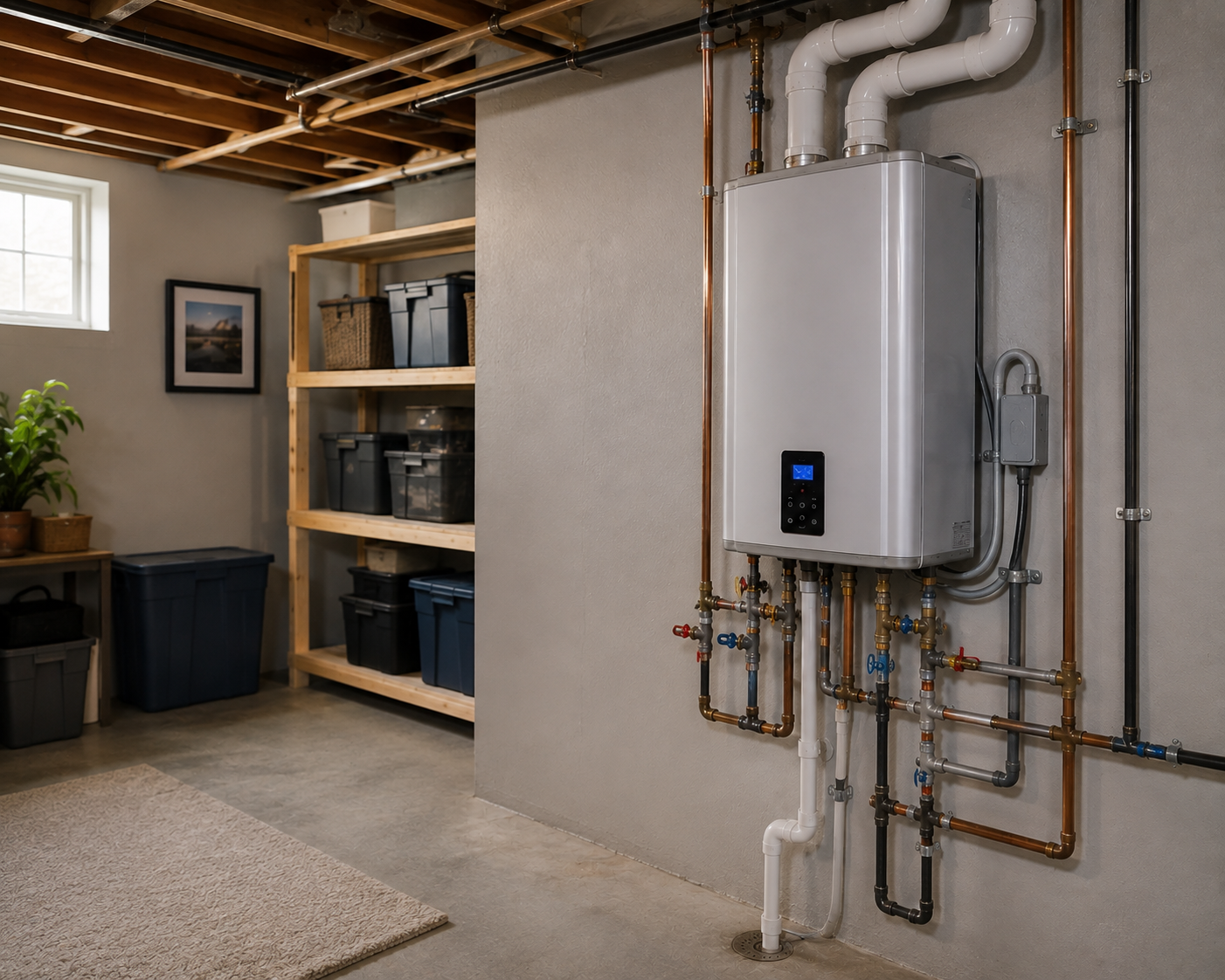 A utility room with an electric water heater mounted on the wall, surrounded by copper and plastic pipes, next to wooden shelving filled with storage bins and a small table with potted plants.