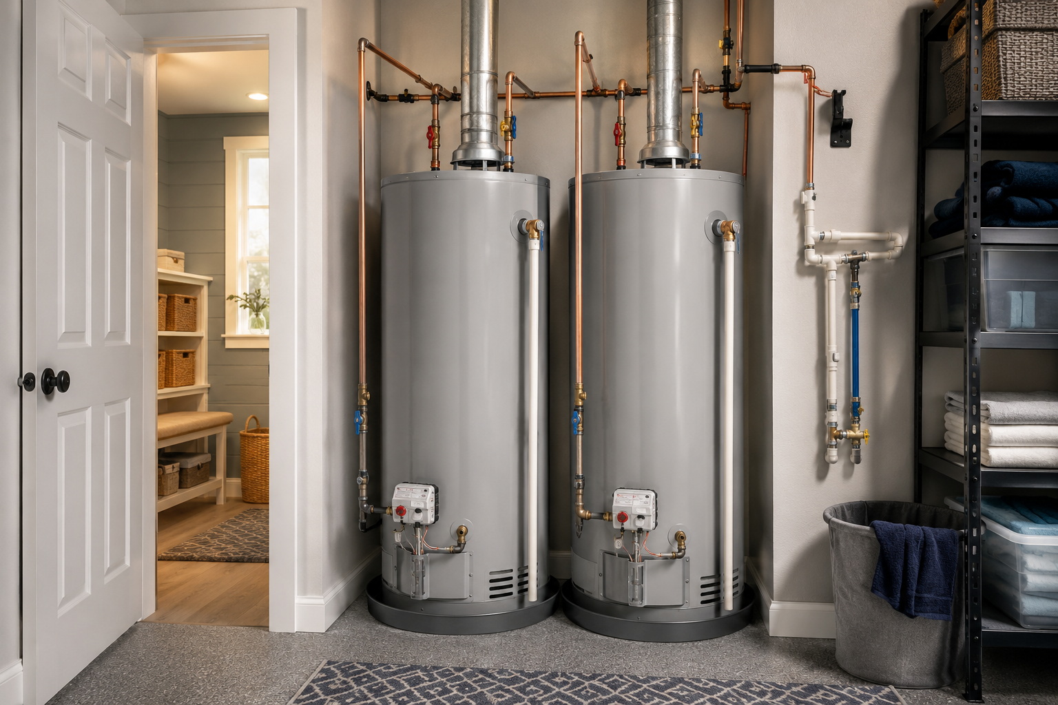 Two large water heaters or boilers in a laundry room, with pipes and valves connected to each. To the right, shelves with towels and baskets, and a laundry bin with towels. To the left, a door leading to a small room with a stool, baskets, and a window.