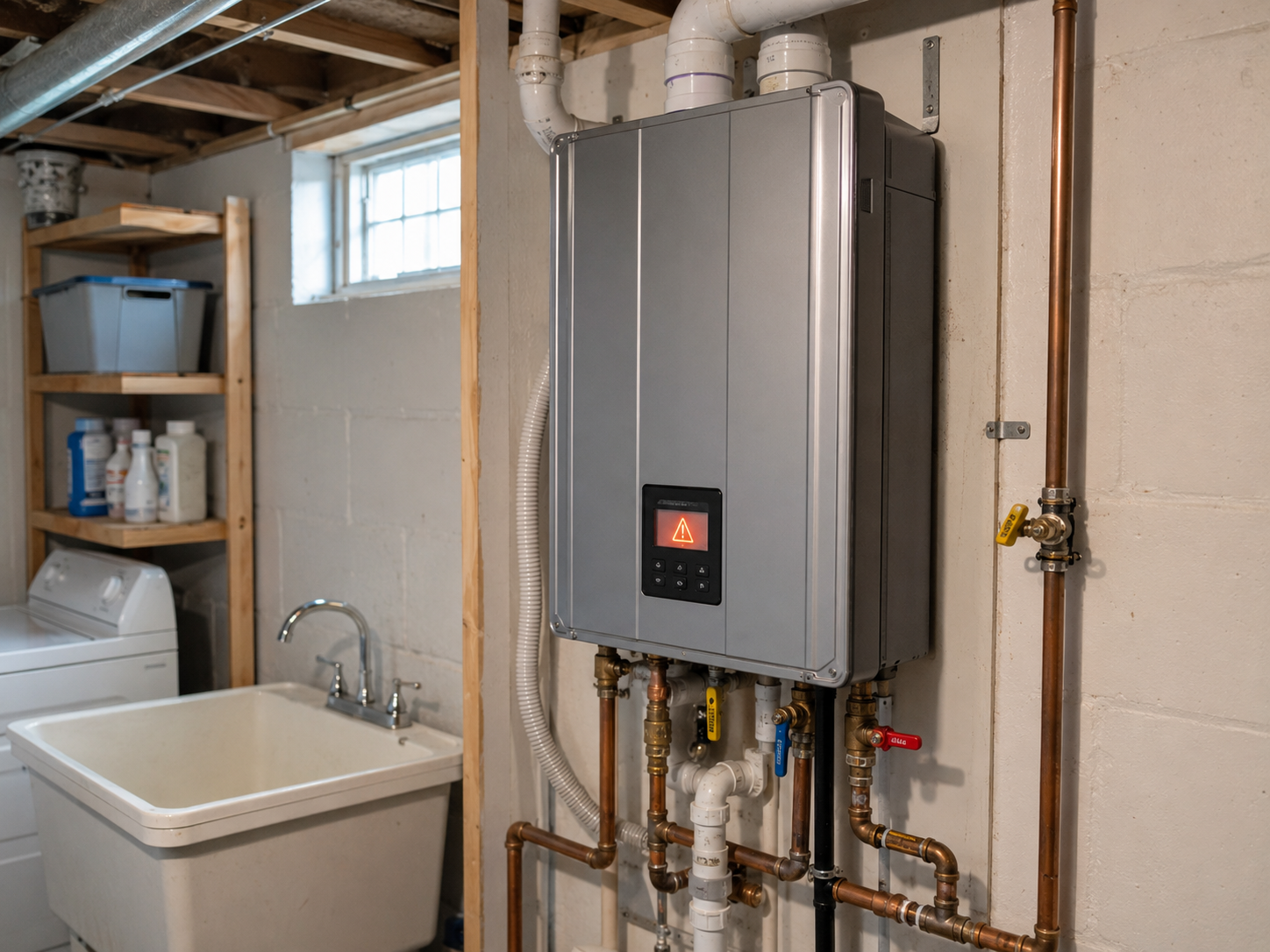 A utility room with a tankless water heater mounted on the wall, surrounded by copper pipes, with a laundry sink, shelves with cleaning supplies, and a washing machine.