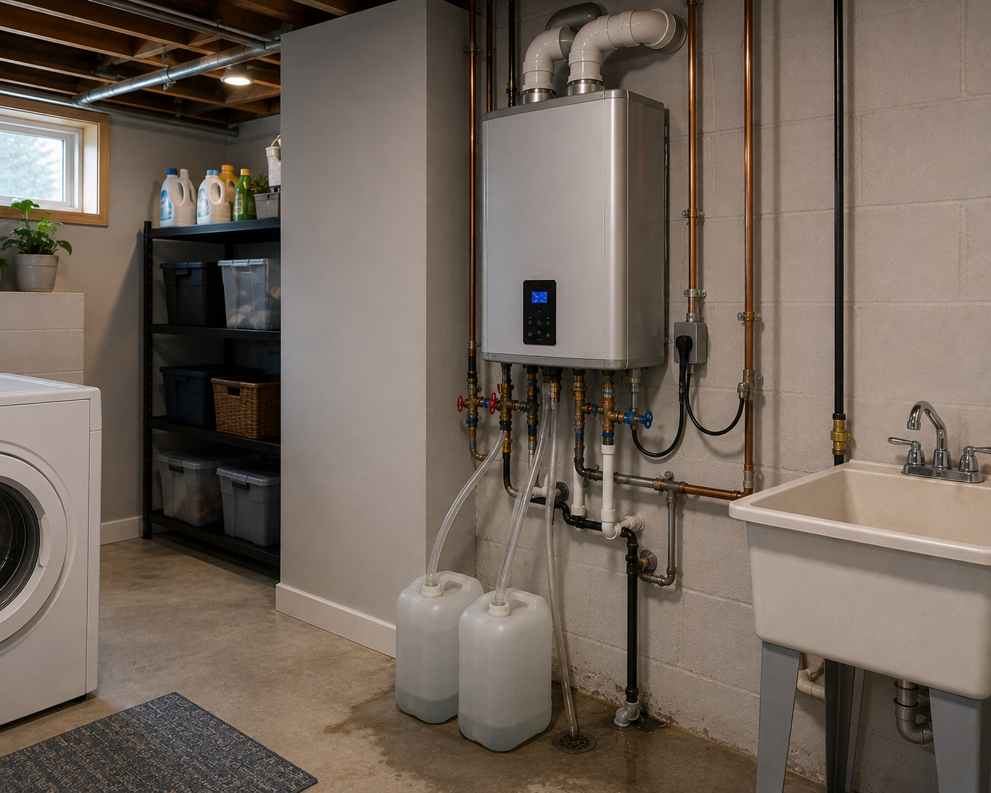 Laundry room with water heater, shelving with cleaning supplies, utility sink, and washing machine.