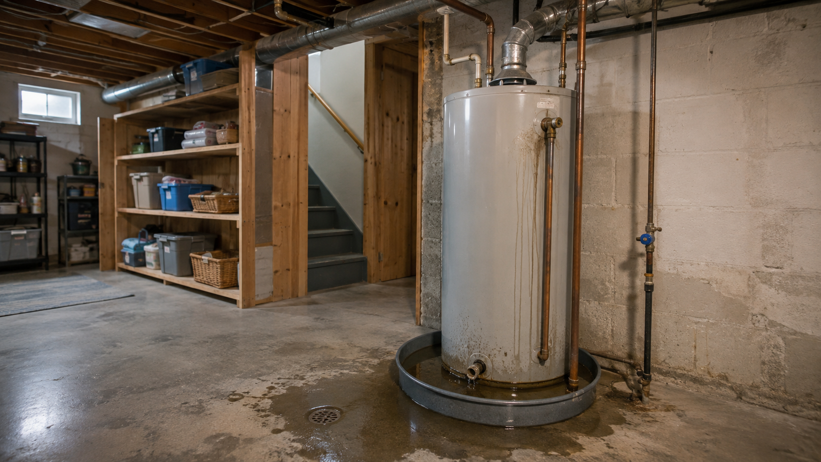 Basement laundry room with water heater, shelves with plastic bins, stairs, and a drain in the concrete floor.
