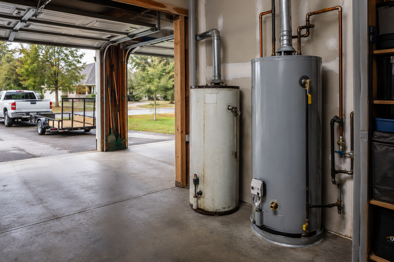 Inside a garage with a water heater and a rusty water tank standing against the wall. There are brooms and a rake leaning in the corner. The garage door is open, revealing a driveway with a white pickup truck and trailer, trees, and a street in the background.