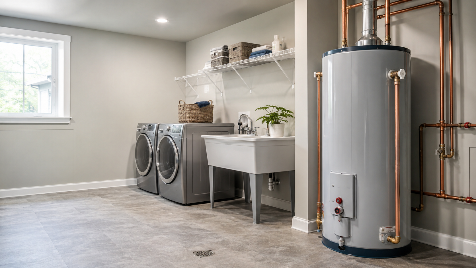 Laundry room with window, washer and dryer, utility sink, storage shelves, potted plant, and water heater.