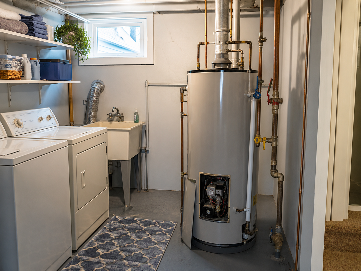 A laundry room with a washer, dryer, utility sink, shelf with towels and storage containers, and a water heater with exposed pipes.