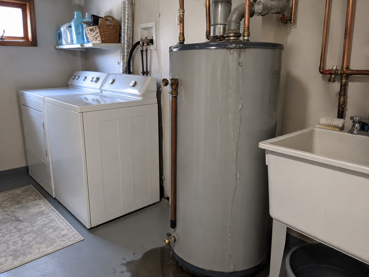 Laundry room with a washing machine, utility sink, water heater, and laundry supplies on a shelf.