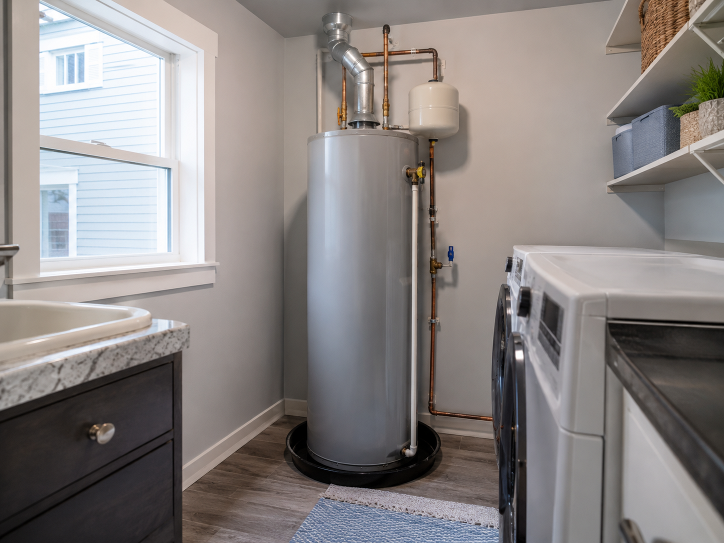 Utility room with a gray water heater, copper pipes, a washing machine, and shelves with baskets and plants.