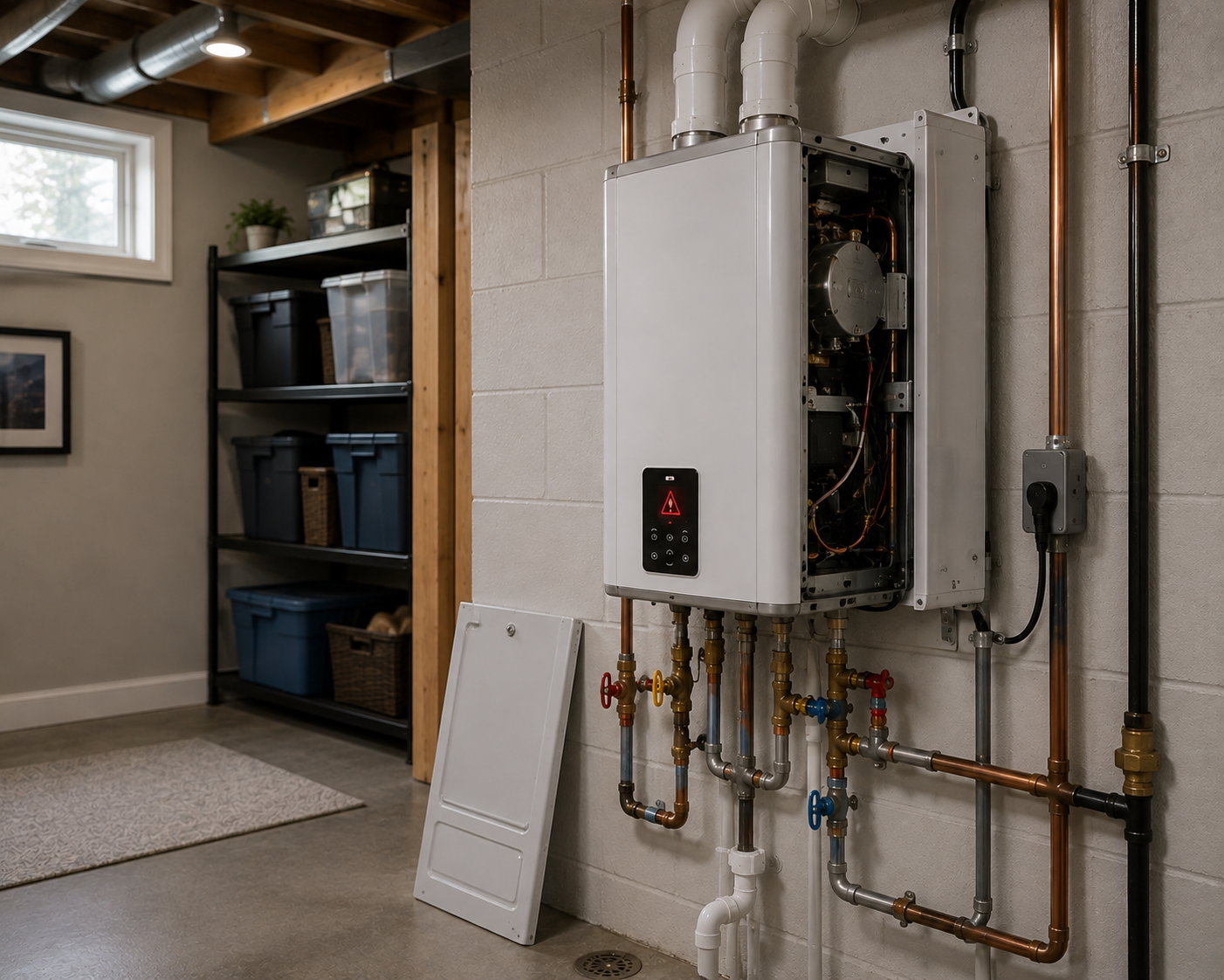 A furnace with pipes and electronic controls in a basement utility room with storage shelves and a small window.