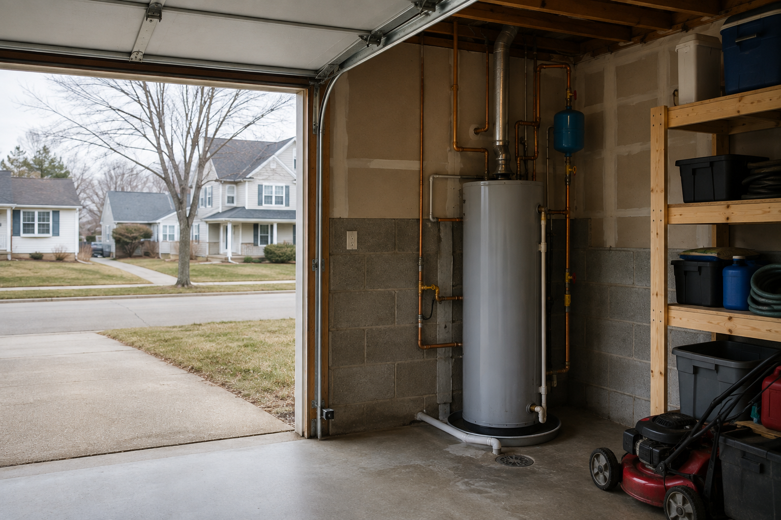 View from inside a garage showing a water heater, copper pipes, storage shelves with plastic bins, and a lawnmower, with houses and a tree visible outside.