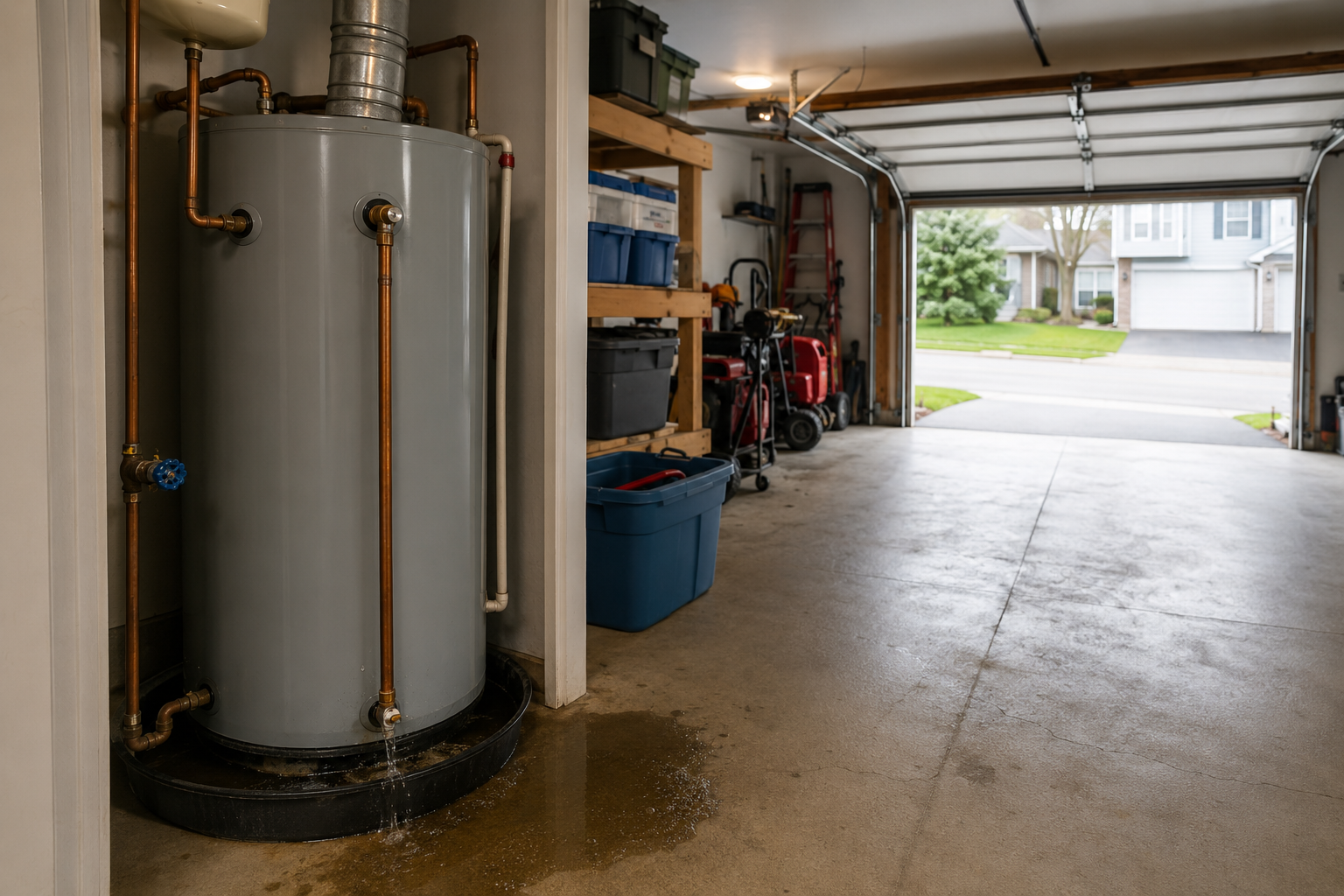 View of a garage interior with a water heater, storage shelves with plastic bins, a lawnmower, and a large open garage door revealing a suburban neighborhood street.