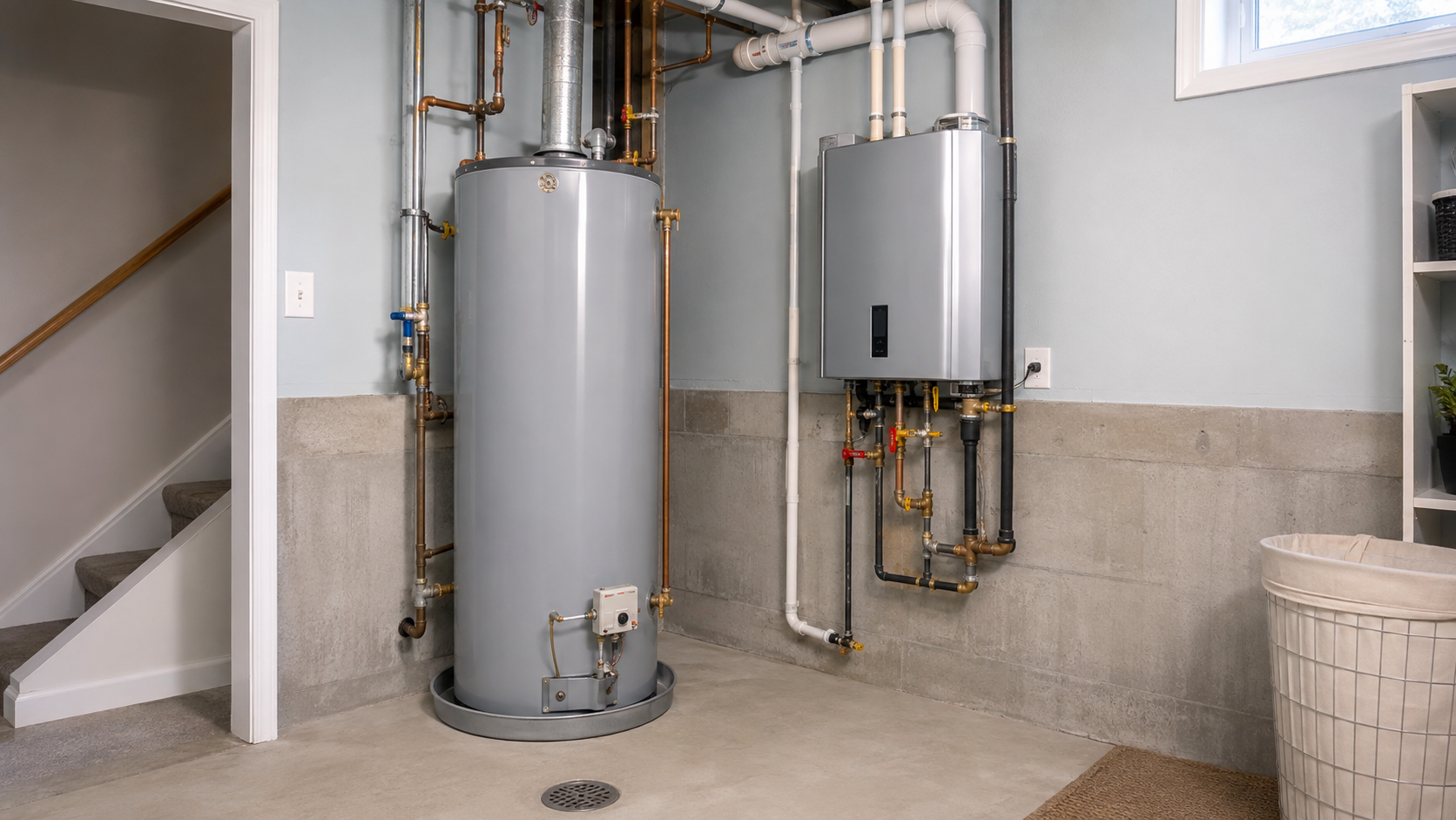 The image shows a utility room with a water heater and a tankless water heater, with pipes and pipes fittings, a drain on the floor, a laundry basket, and a staircase to the left.