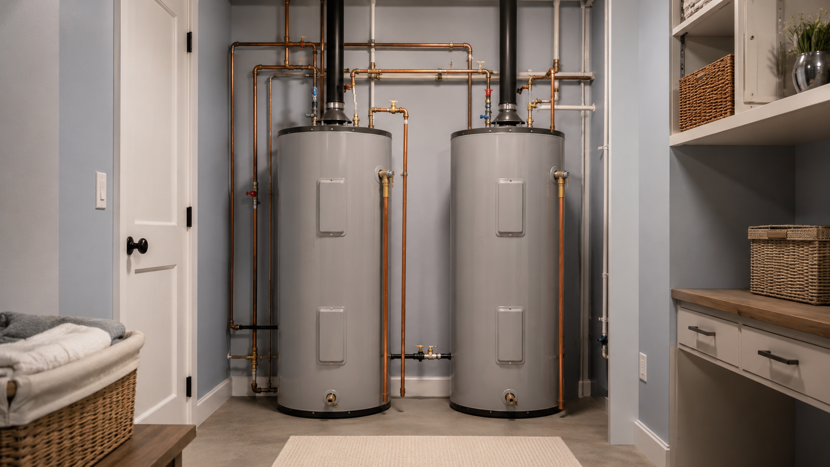 Two tall, gray water heaters with pipes and valves in a laundry room or utility closet.