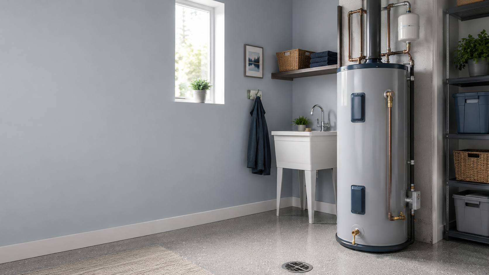 A utility room featuring a water heater with pipes, a small white sink with a faucet, a window with a plant, shelving with towels and a basket, and storage shelves with baskets and bins.