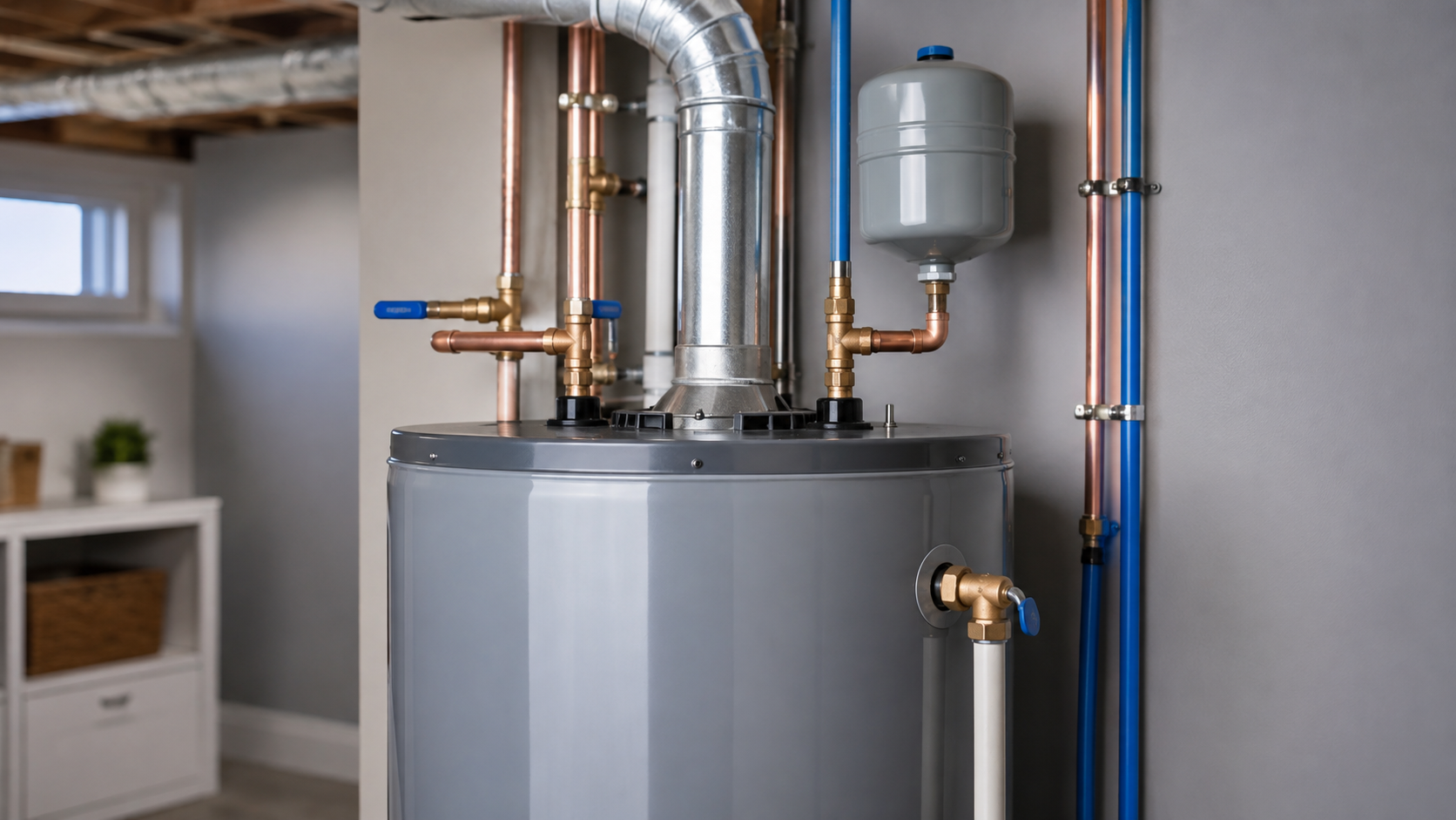 A modern heating system with a gray boiler, copper pipes, a gray expansion tank, and blue water supply lines installed in a laundry or utility room.