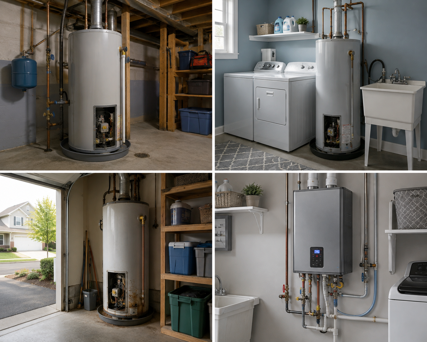 Collage of four images showing different laundry and utility room setups with water heaters, washing machines, utility sinks, and plumbing.