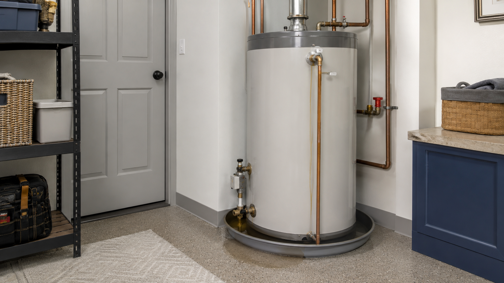 A laundry or utility room with a large white water heater tank, copper pipes, and a beige and gray color scheme. There is a black shelving unit with storage baskets and a worktable with a blue cabinet.