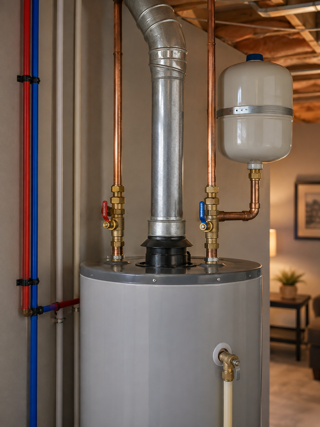 Close-up of a water heater with pipes, valves, and a expansion tank in a basement or utility room.