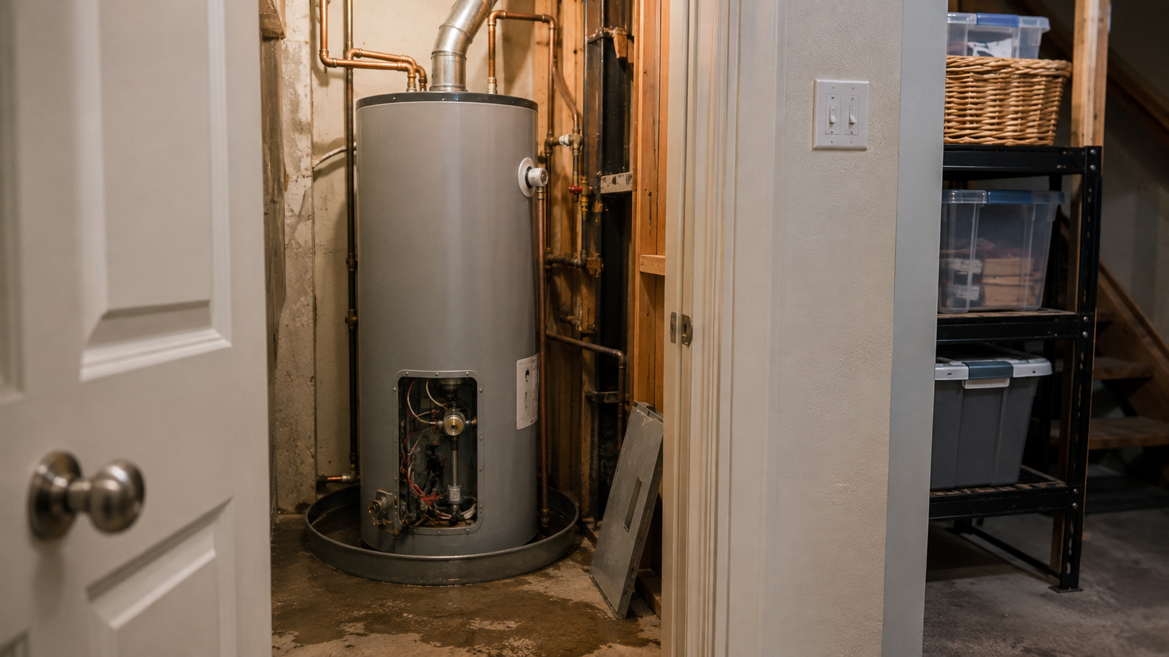 An unfinished closet with a water heater and exposed pipes, next to a wall with light switches, and a black metal shelving unit with plastic storage bins.