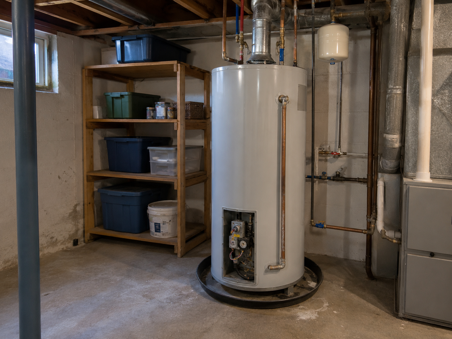 A utility room with a water heater surrounded by plumbing pipes, a wooden shelving unit holding storage bins and jars, a small window, and a concrete floor.
