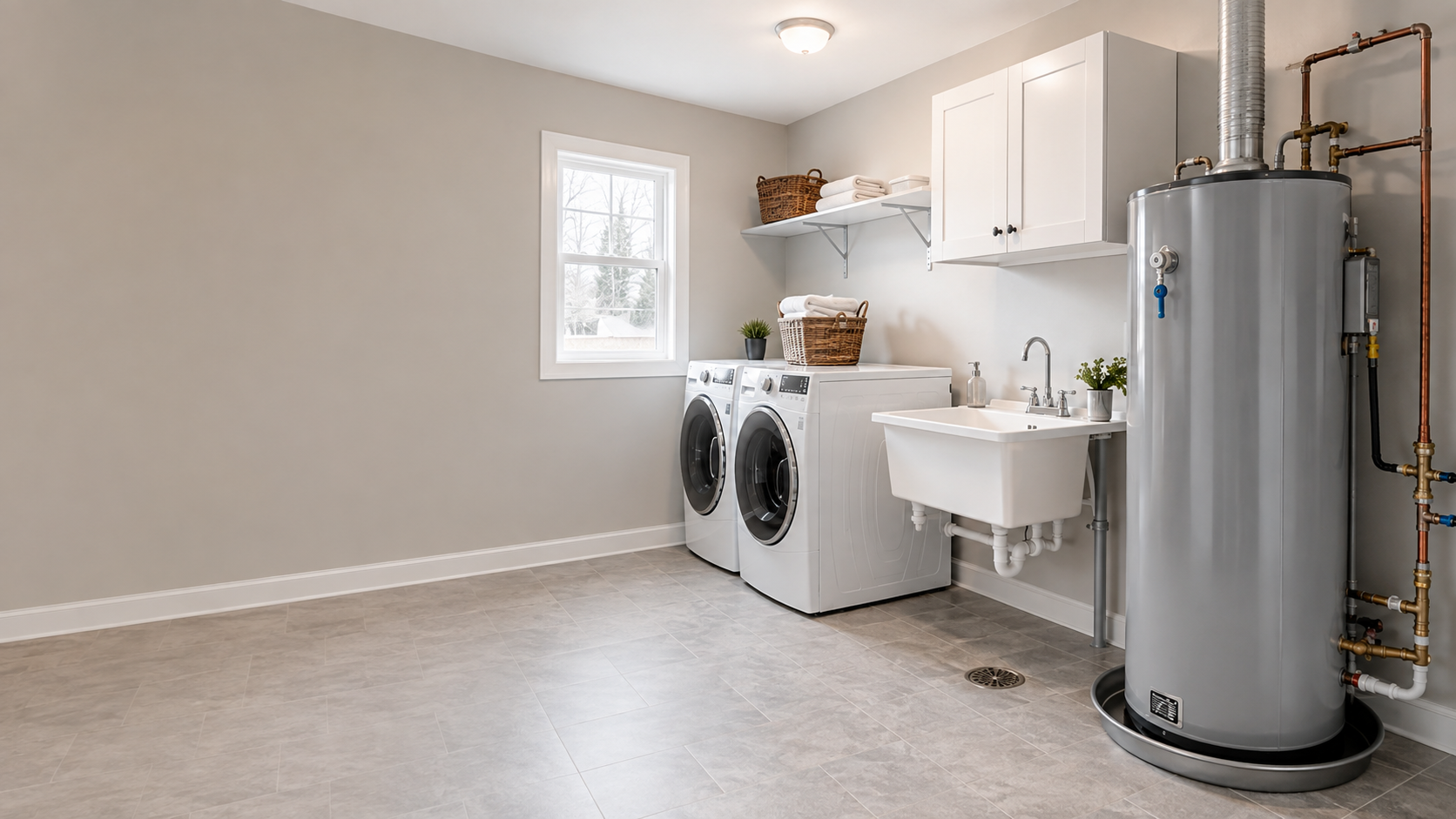 A laundry room with a window, white washing machine and dryer, a utility sink, shelves with towels, and a water heater in the corner.