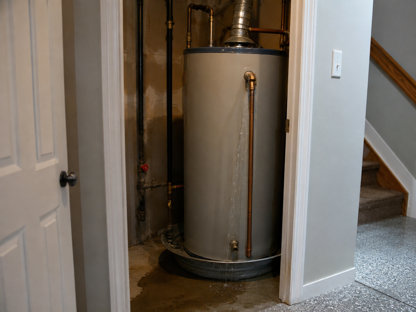 Water heater leaking water onto the floor in a laundry or utility room.