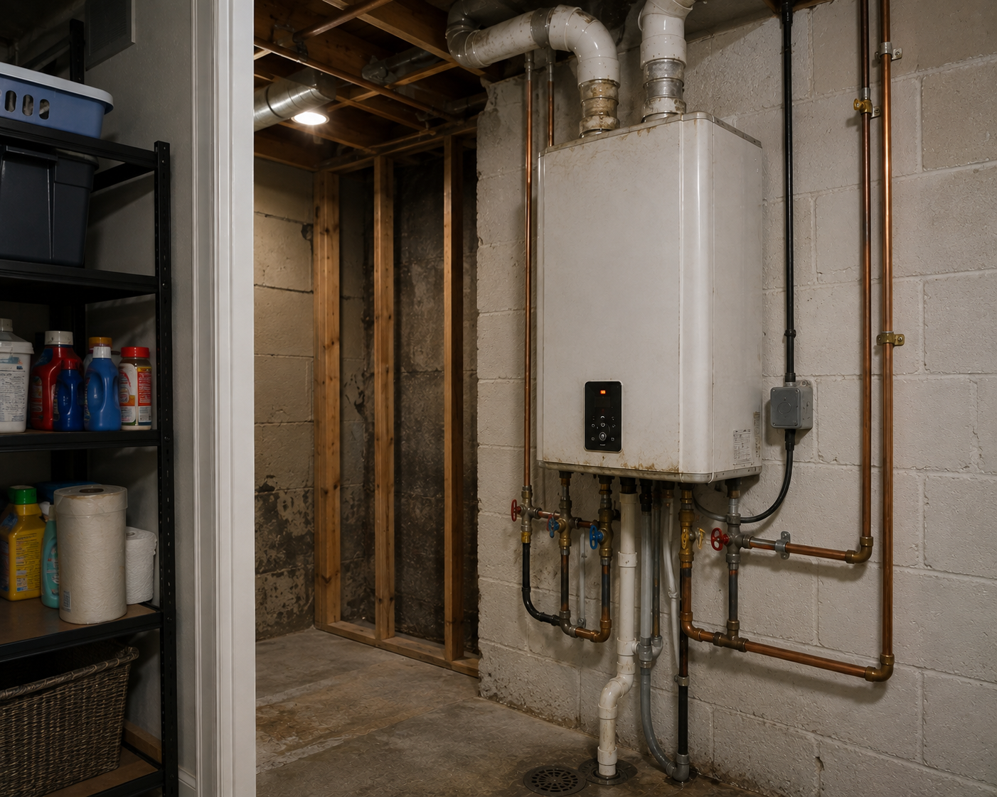 A laundry or utility room with a water heater, exposed pipes, and a shelving unit with cleaning supplies on the left.