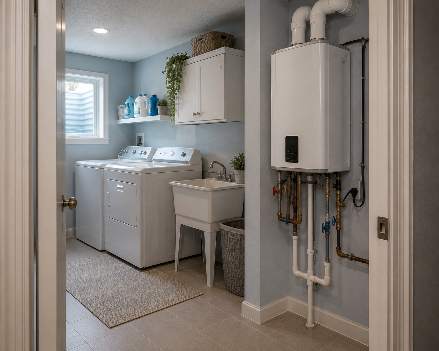 A laundry room with a washing machine, dryer, utility sink, storage cabinet, and a boiler system with exposed pipes.