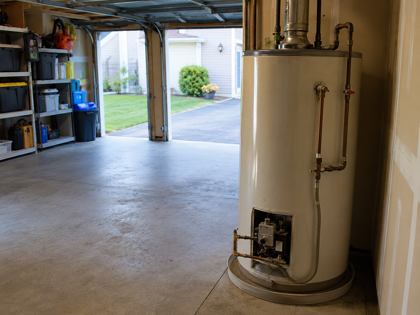 A garage with an open door, showing a lawn and house outside. Inside, a water heater is positioned on the right side, and shelves with storage bins are on the left side.