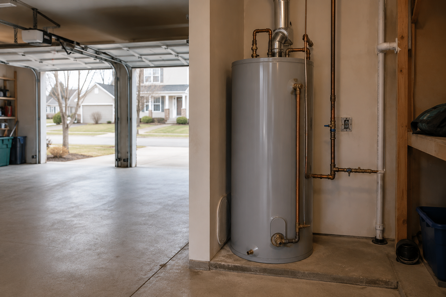 Interior view of a garage showing a large gray water heater with connecting copper pipes, on a concrete floor next to a wooden wall and shelves, with an open garage door revealing a suburban neighborhood outside.