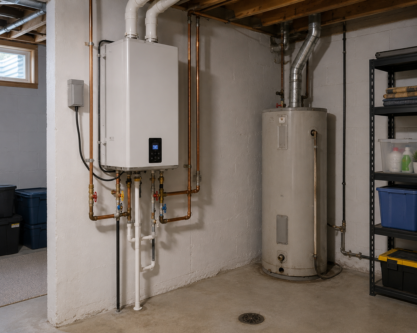 An unfinished basement with a water heater, a tankless water heater, and plumbing pipes, along with a shelf containing cleaning supplies and storage bins.