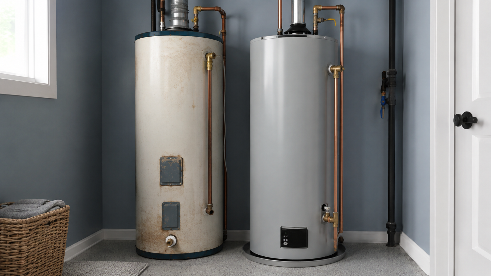 A utility room with two water heaters, one old and rusty on the left and a new modern one on the right, against a gray wall. There are copper and black pipes connecting to the water heaters, and a window on the left side of the room.