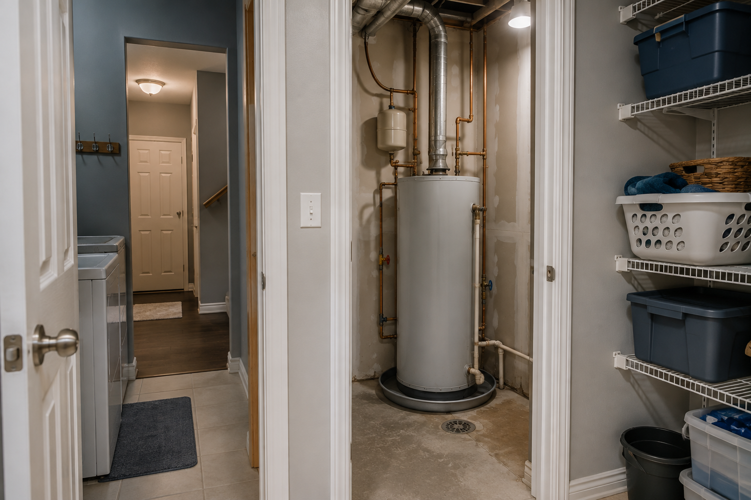 A utility room with a water heater and exposed plumbing, next to a laundry area with a washing machine and shelving with storage bins.