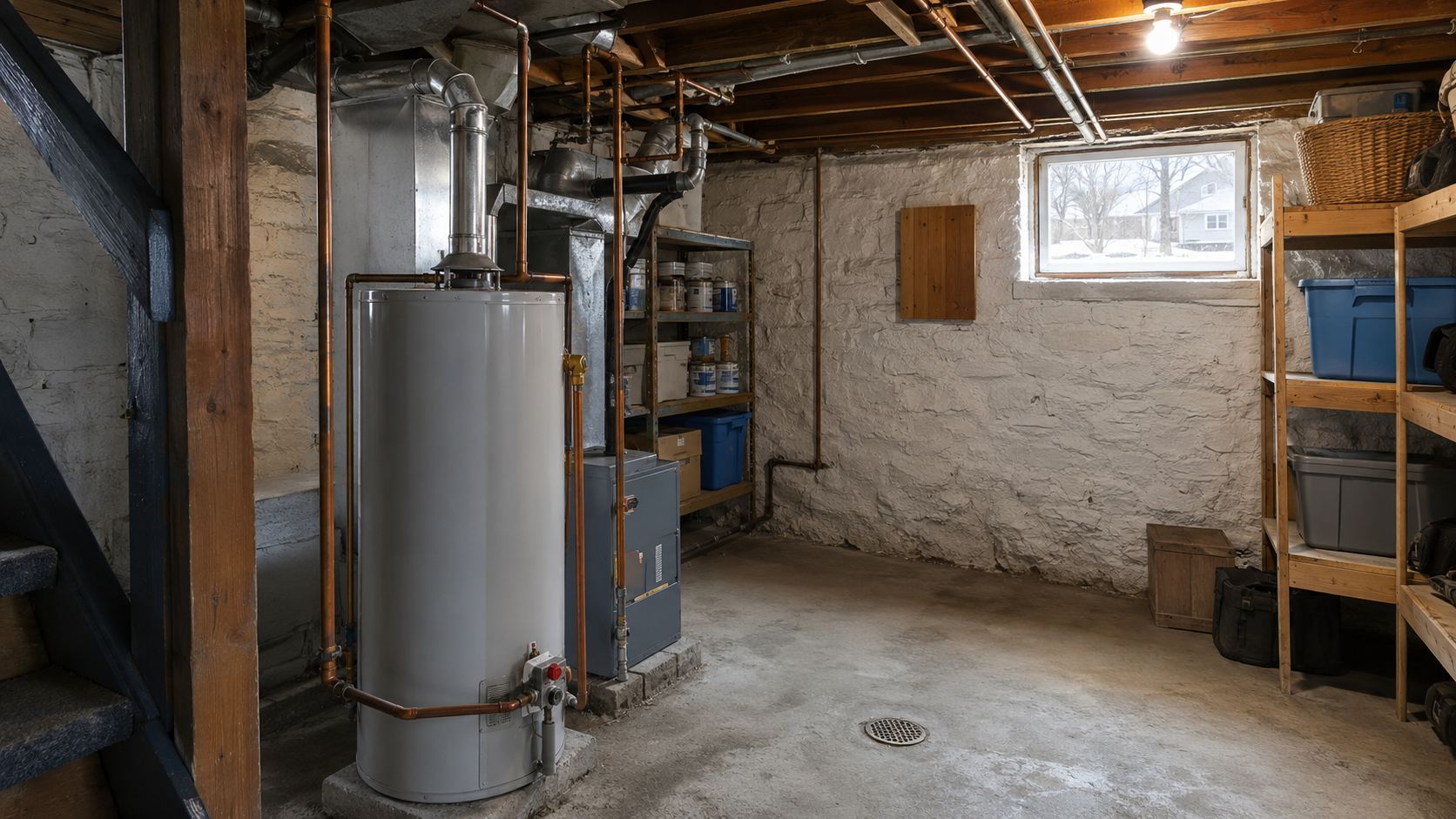 Basement storage room with appliance, shelves, and plastic bins, small window, stone walls, wooden ceiling, and concrete floor.