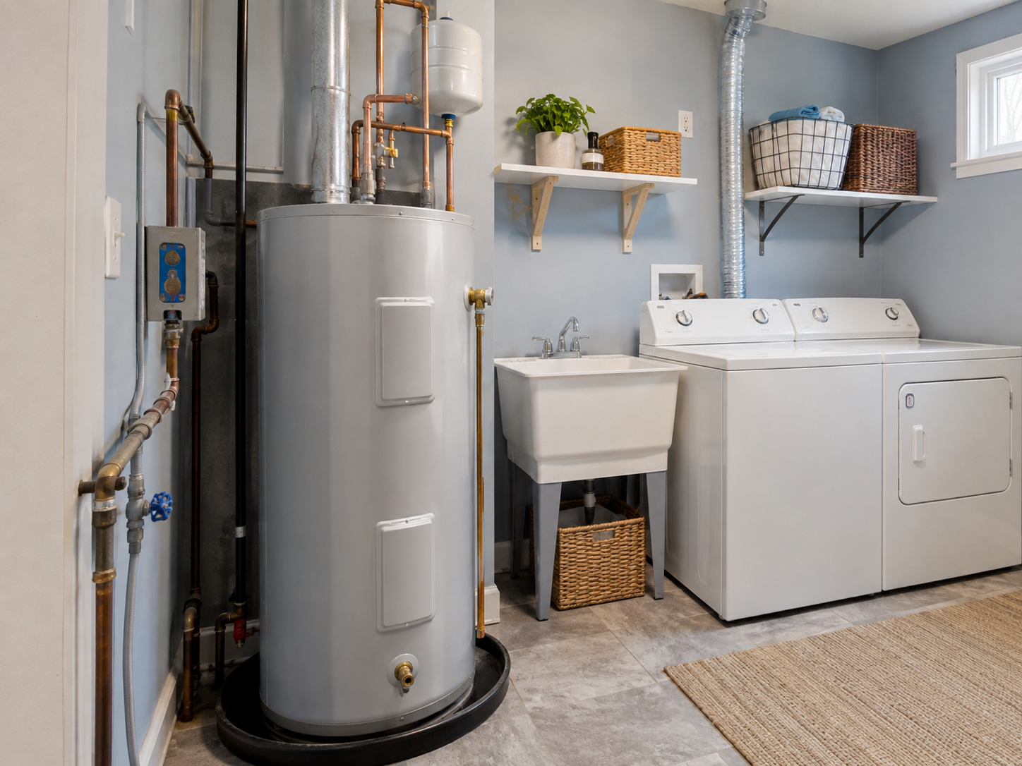 Laundry room with a water heater, washing machine, dryer, utility sink, shelves with baskets, and a window.