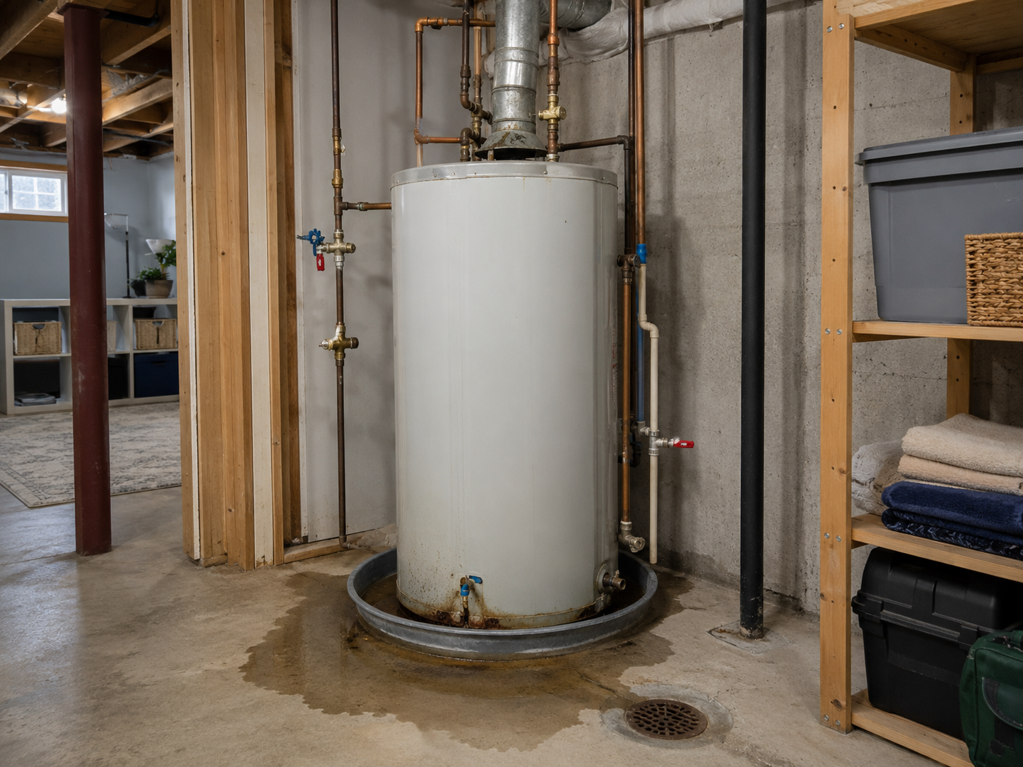 A water heater in a basement with exposed pipes, surrounded by wooden shelves with storage bins and towels.