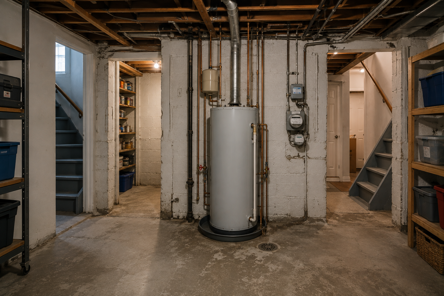 A basement with a central water heater, plumbing, and electrical meters, surrounded by storage shelves and stairs leading to upper floors.