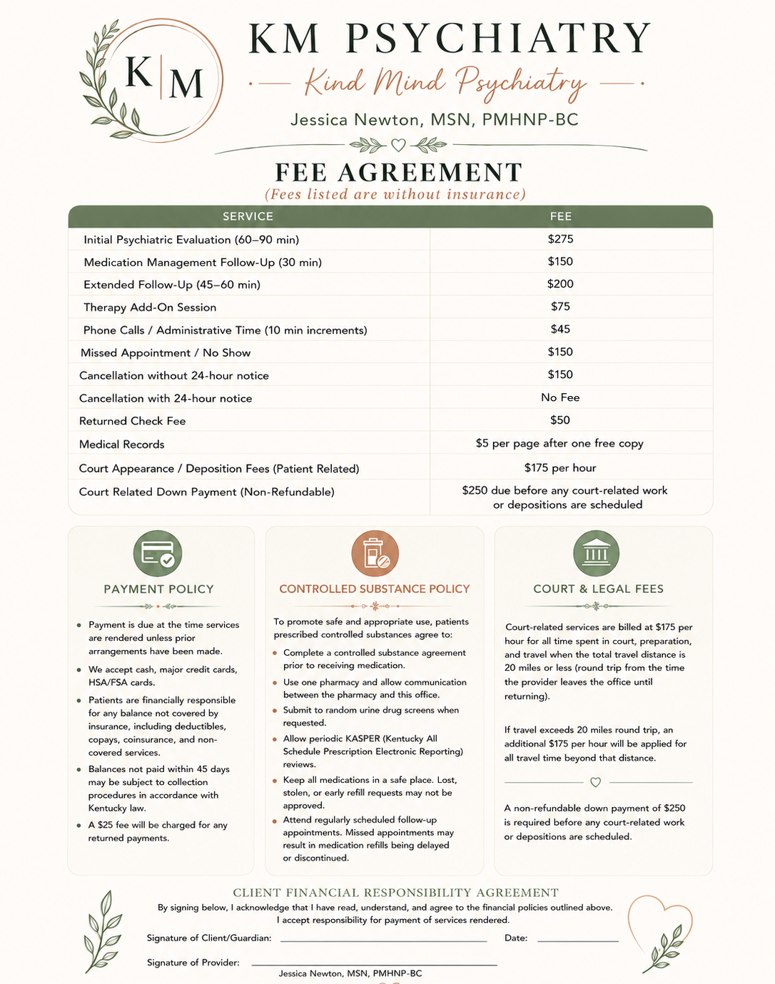 A fee agreement for KM Psychiatry, including service list and fees, payment policies, controlled substance policy, court & legal fees, and client responsibilities.