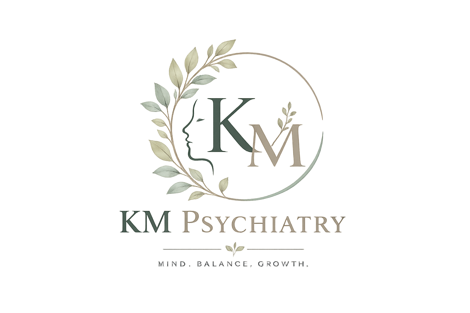 Logo for KM Psychiatry with initials KM and a leaf design, and the words 'Mind, Balance, Growth' beneath.