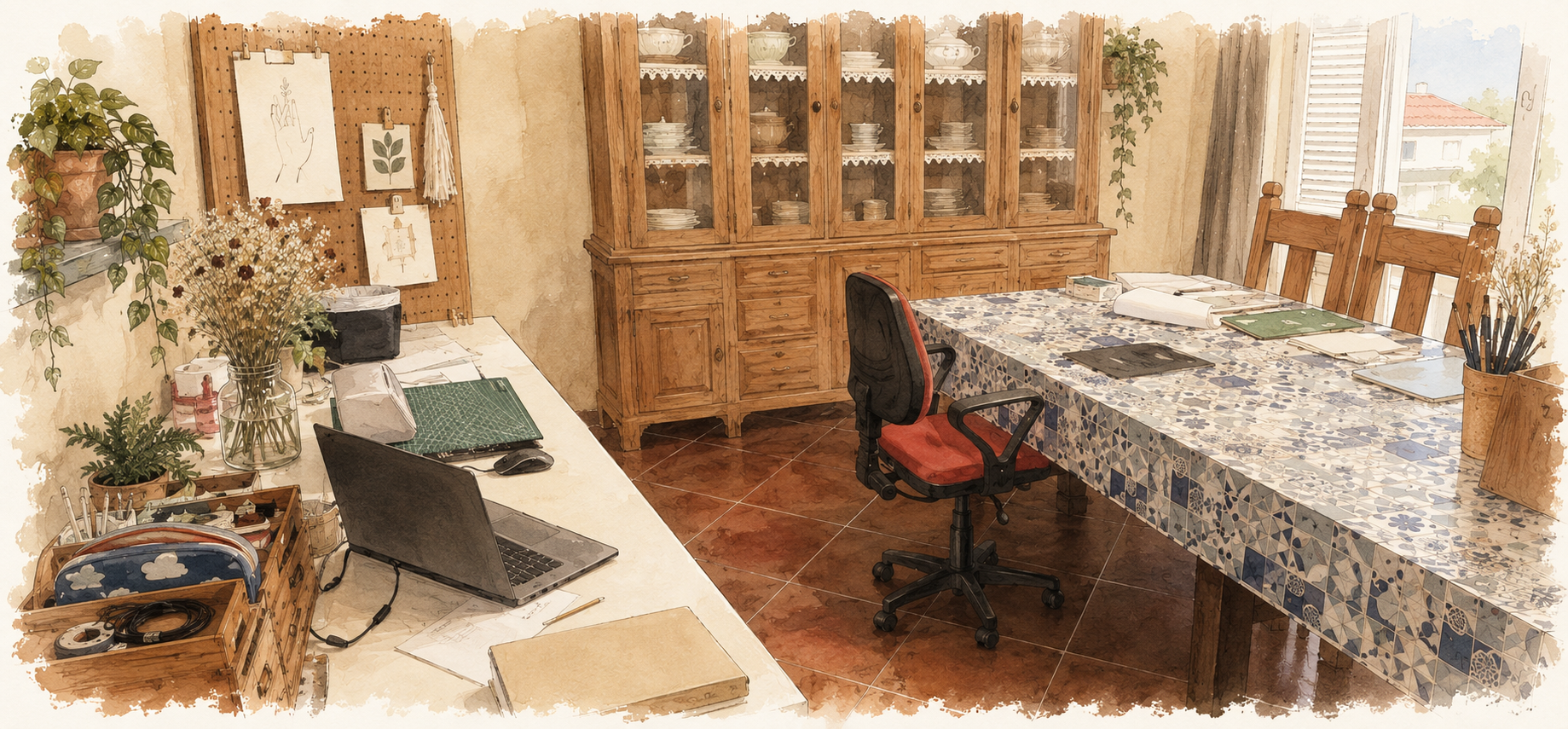Sala de escritório com mesa de trabalho, com cadernos, papéis, computador e materiais de desenho, além de várias plantas decorativas na janela e na parede.