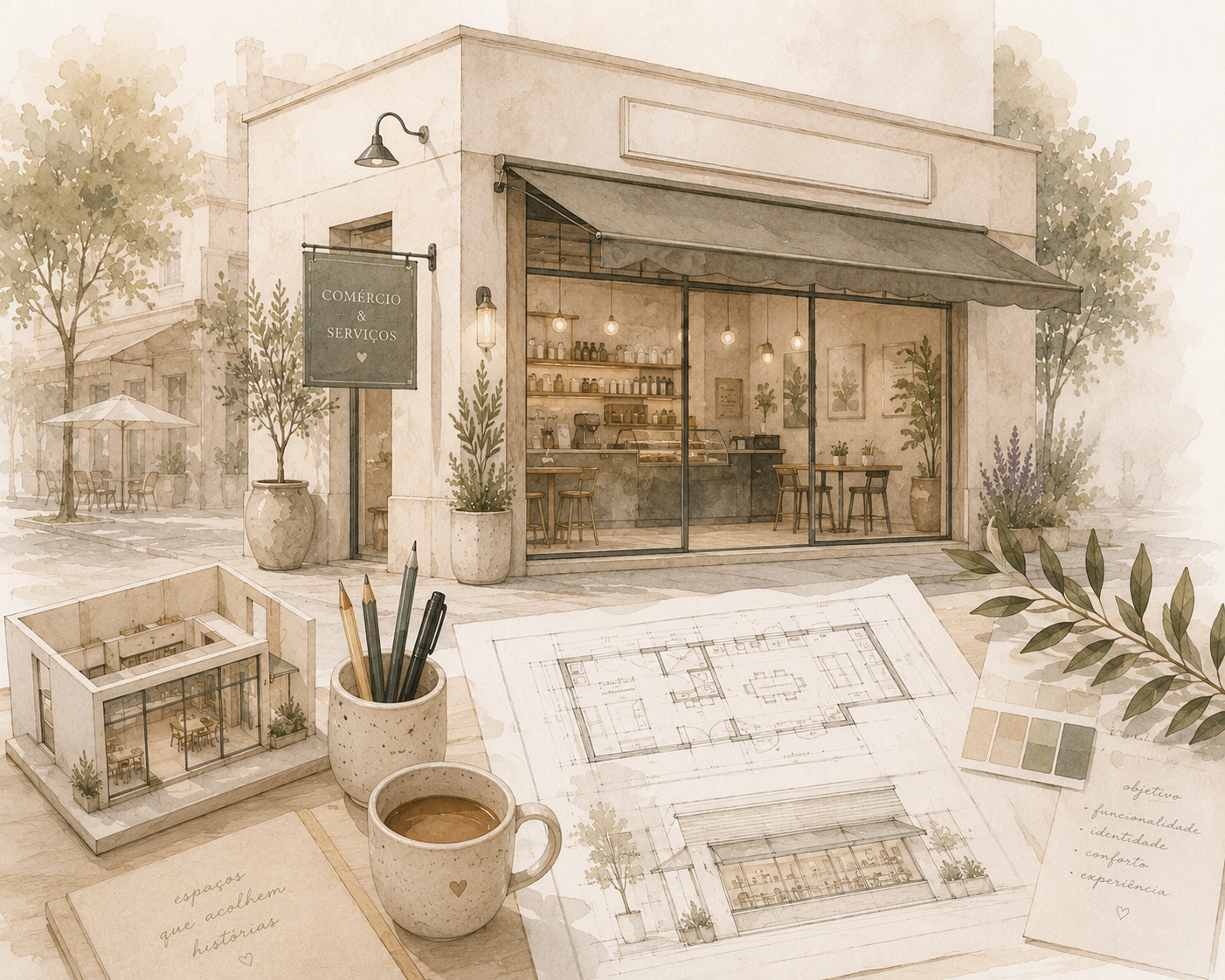 Ilustração de uma loja de café com interiores decorados e uma fachada de vidro, vista de um escritório de arquitetura com plantas, plantas em vasos grandes, moldes arquitetônicos e uma planta de um projeto.